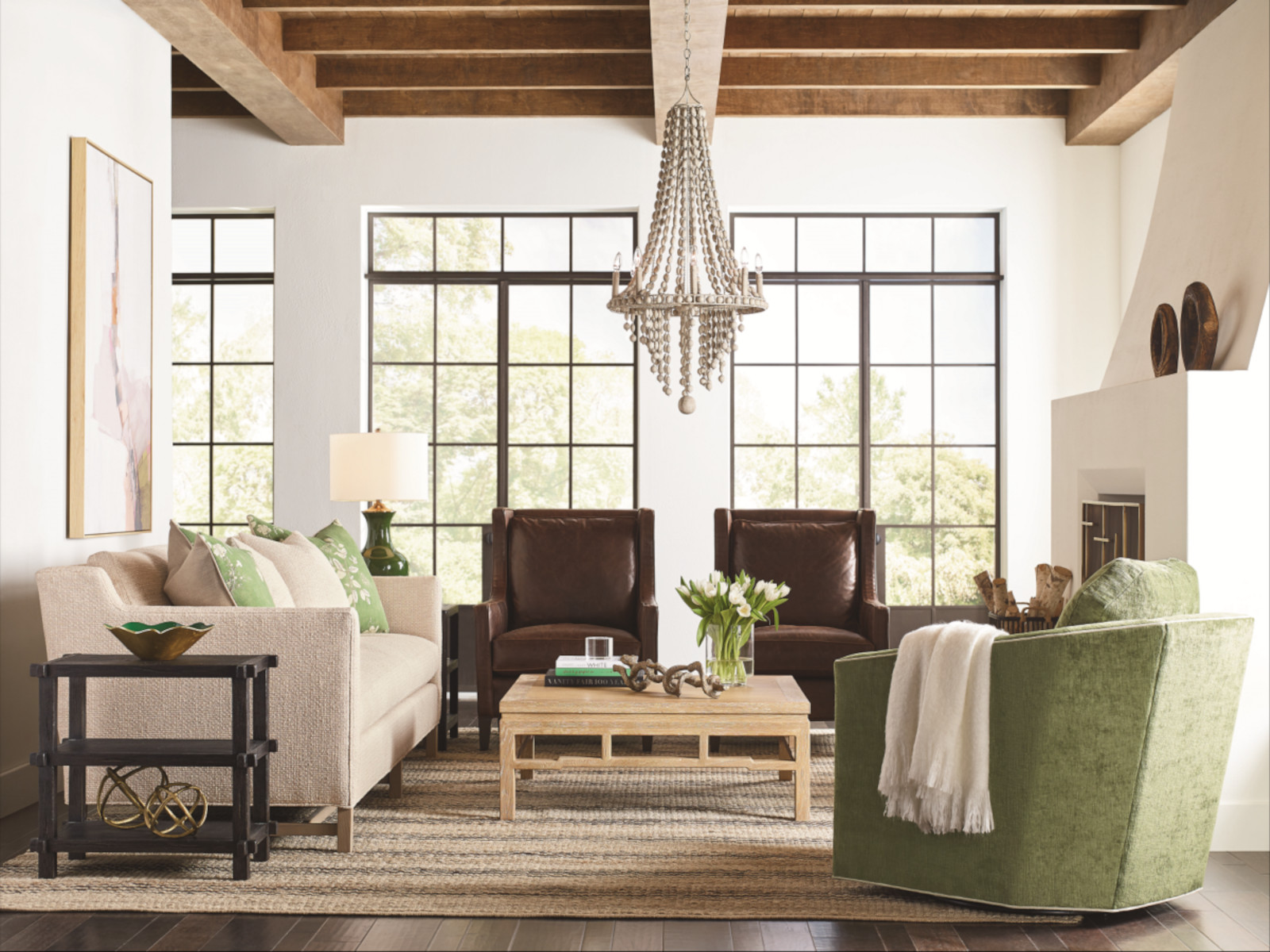 Walsh Long Sofa, Chandler Leather Chair, Jewel Swivel Chair