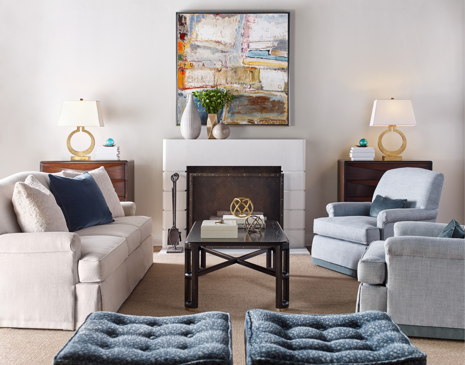 Amelia Dressmaker Sofa, Amelia Dressmaker Chair, Topper Bunching Stool, Sorrento Chest, Duval Cocktail Table