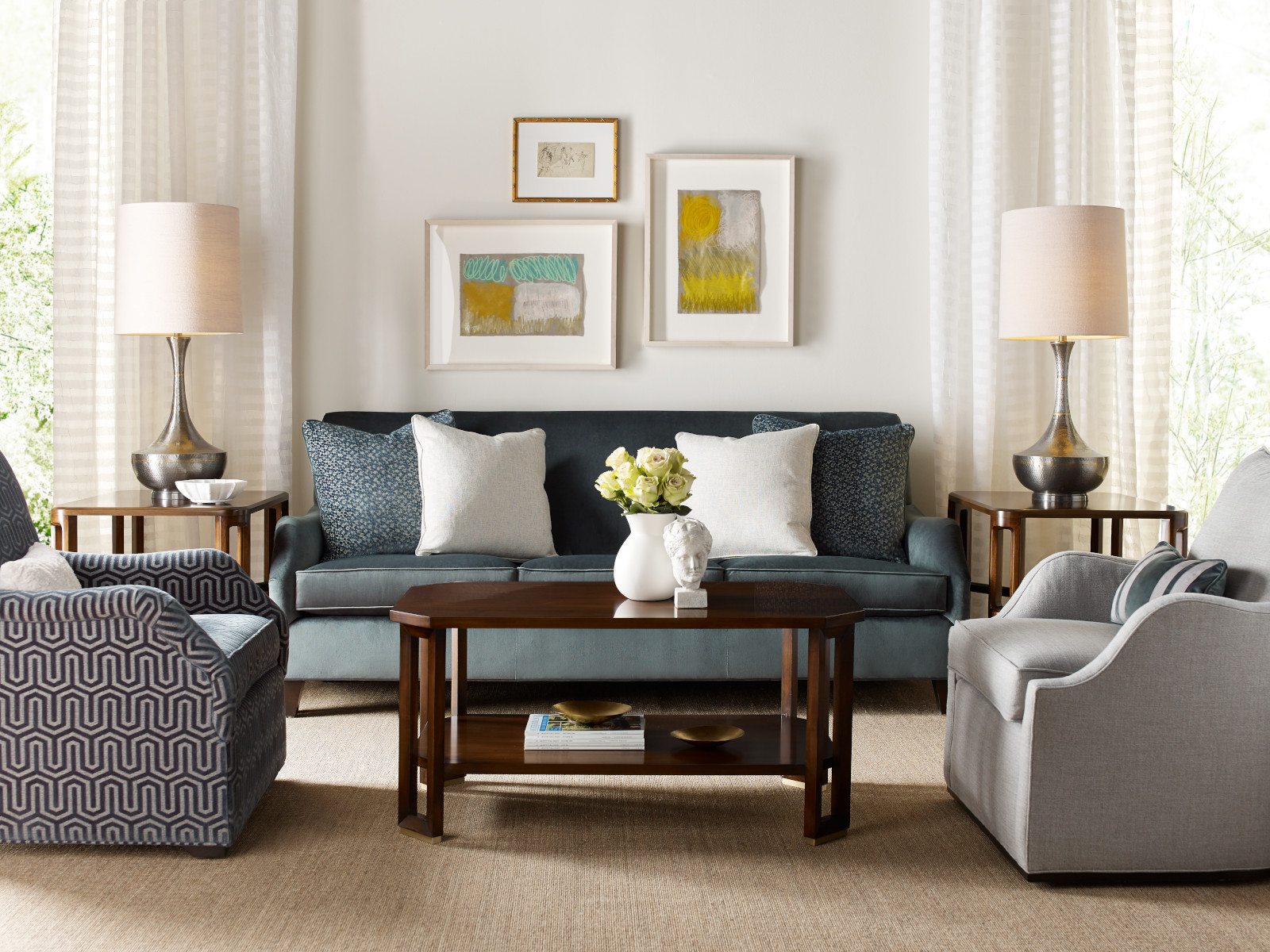 Duval End Table, Tate Cocktail Table, Tate End Table, Emma Plinth Base Chair, Nora Chair, Nora Sofa