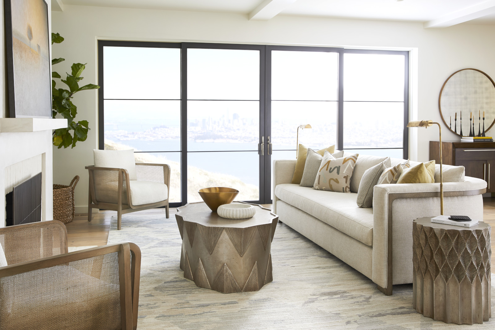 Soleil Oval Cocktail Table, Soleil Spot Table, Fritz Chair, Brandt Bench Seat Extended Sofa