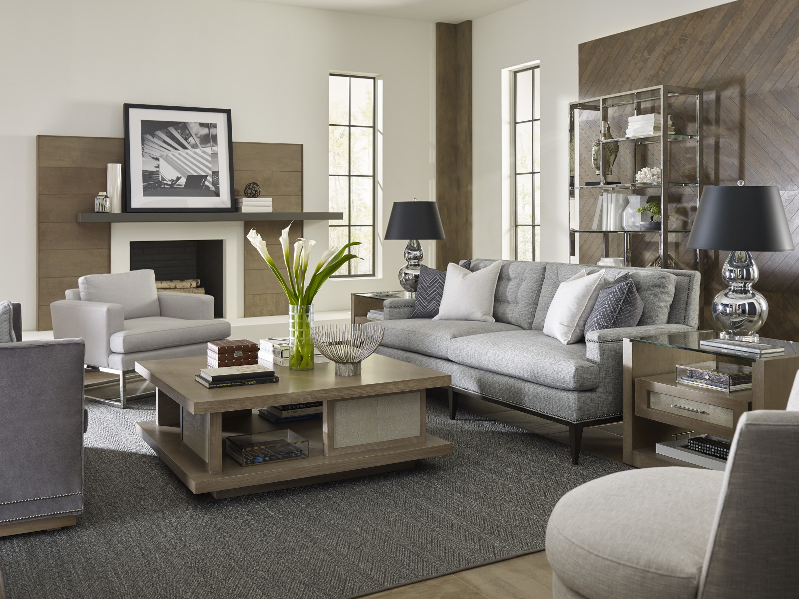 Tierman Etagere, Desmond End Table, Kip Chair, Greenfield Two Seat Sofa, Talbot Swivel Chair