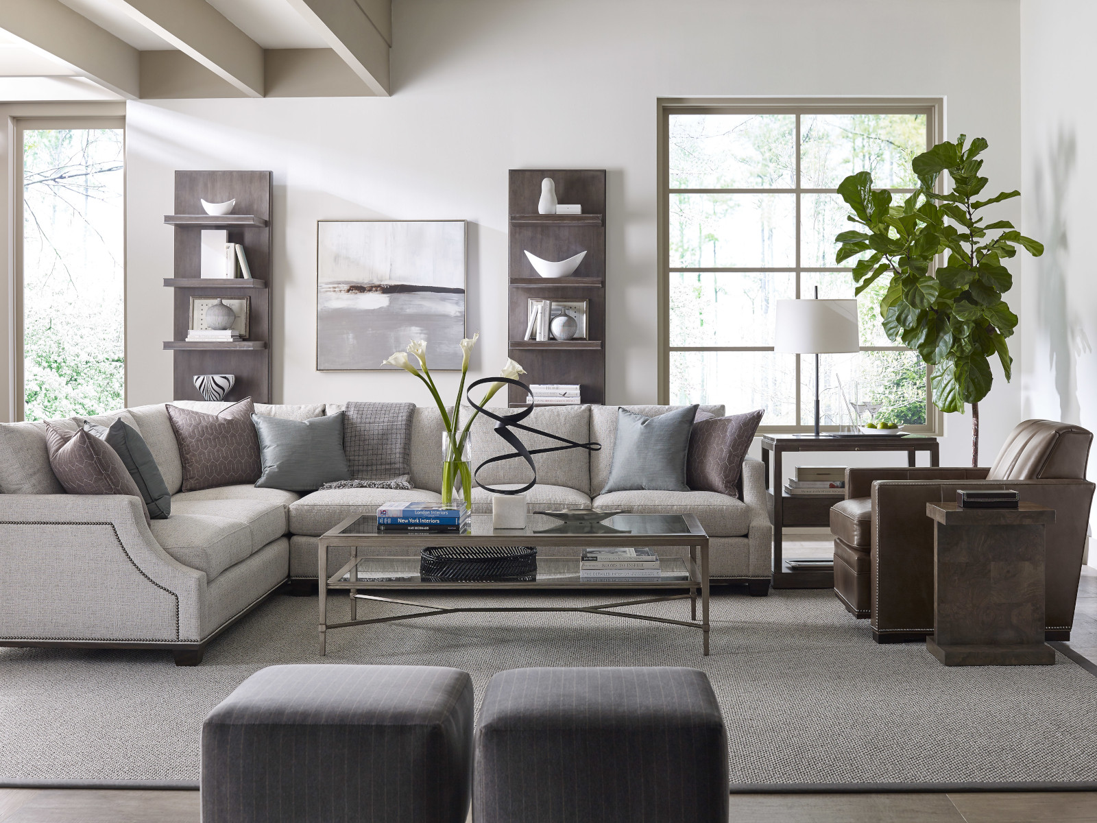 Abingdon Sectional, Beckwith End Table, Bradshaw Etagere, Tennyson Side Table, Mulligan Ottoman